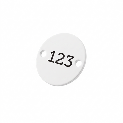 White Aluminium Number Tags With Two Fixing Holes Left and Right With Black Engraving