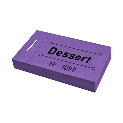 Paper Voucher Booklet With 'Dessert' Printed On Them In Black. Purple Paper tickets.