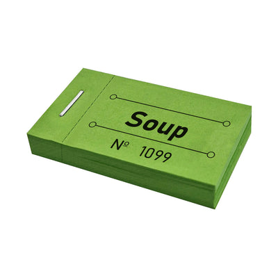 Green Ticket Book With 'Soup' Printed In the Middle and Sequentially Numbered