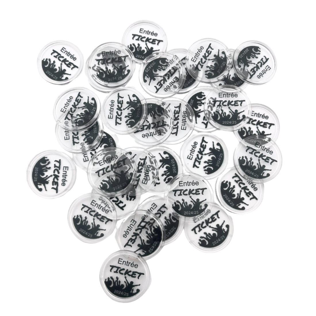 カスタム印刷された透明な丸型プラスチックトークン 25mm - MOQ 100