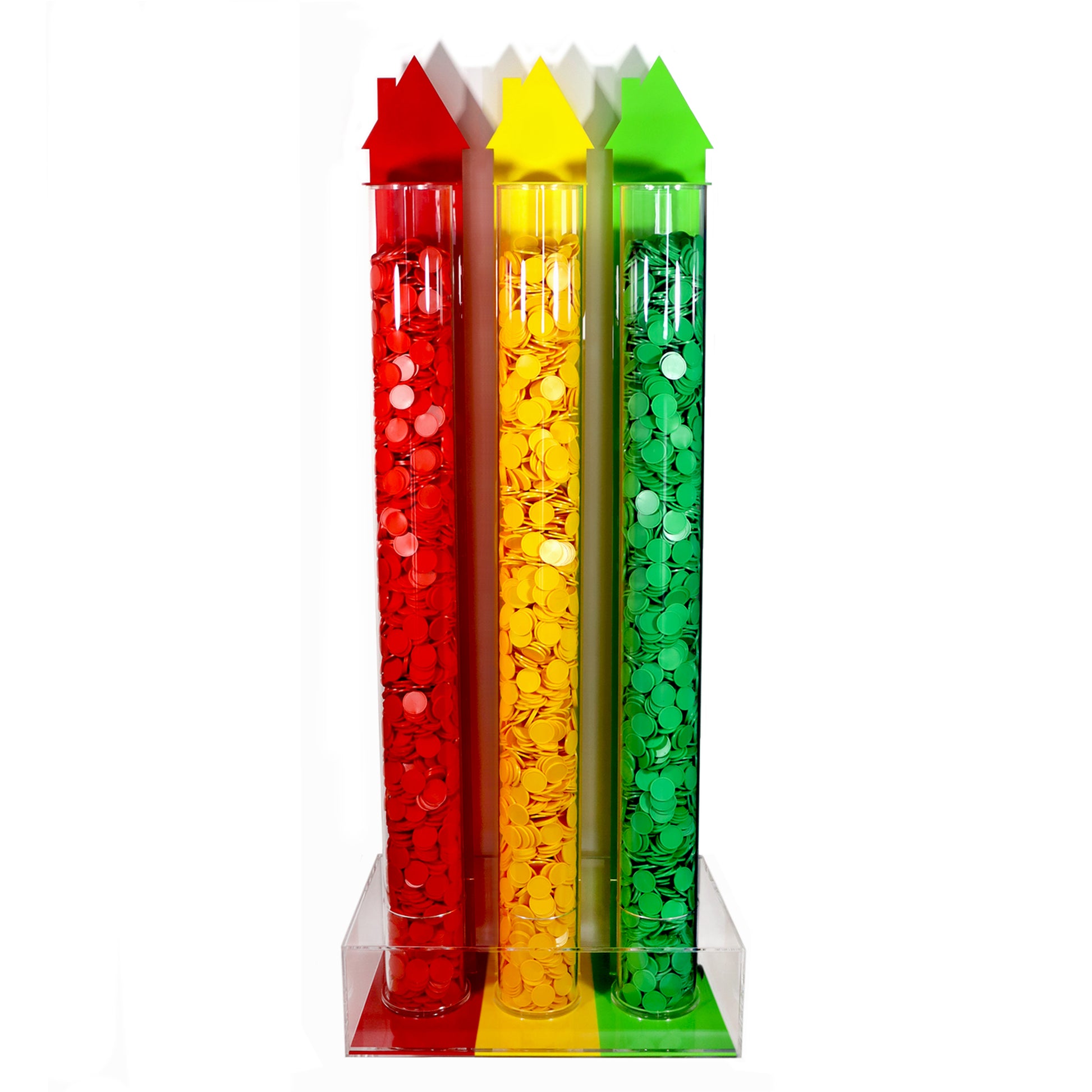 Large Reward Token Collector With 3 Tubes In Red, Yellow and Green Filled with Tokens