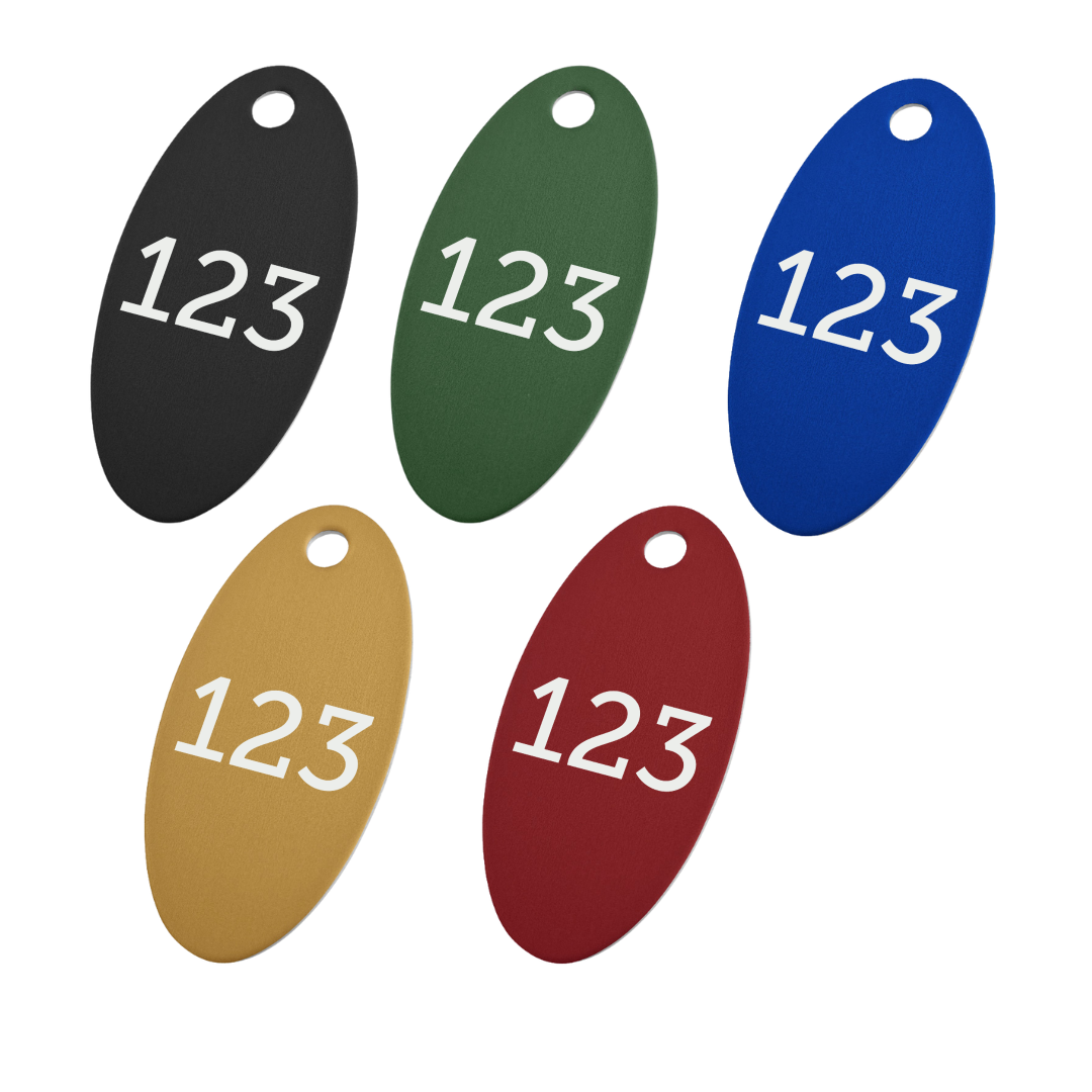 Five Coloured Aluminium Number Tagss With One Hole at the Top 50x25mm Custom White Laser Engraving
