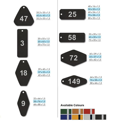 Various Rhombus, Rectangle and Triangle Shaped Coloured Aluminium Key Tags With CNC Number Engraving