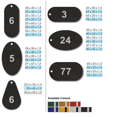 Various Oval Shaped Coloured Aluminium Key Tags With CNC Number Engraving