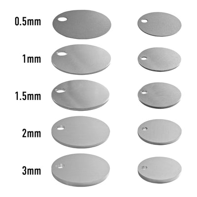 Thickness and Size Variant Card For Blank Aluminium Identification Tags 0.5 to 3mm Thickness, Two Sizes 30m and 40mm Round