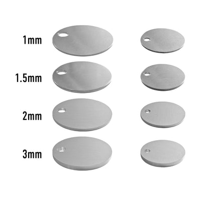Thickness Options for 30mm and 40mm Round Aluminium Tags with Two Side Number and Text Engraving.