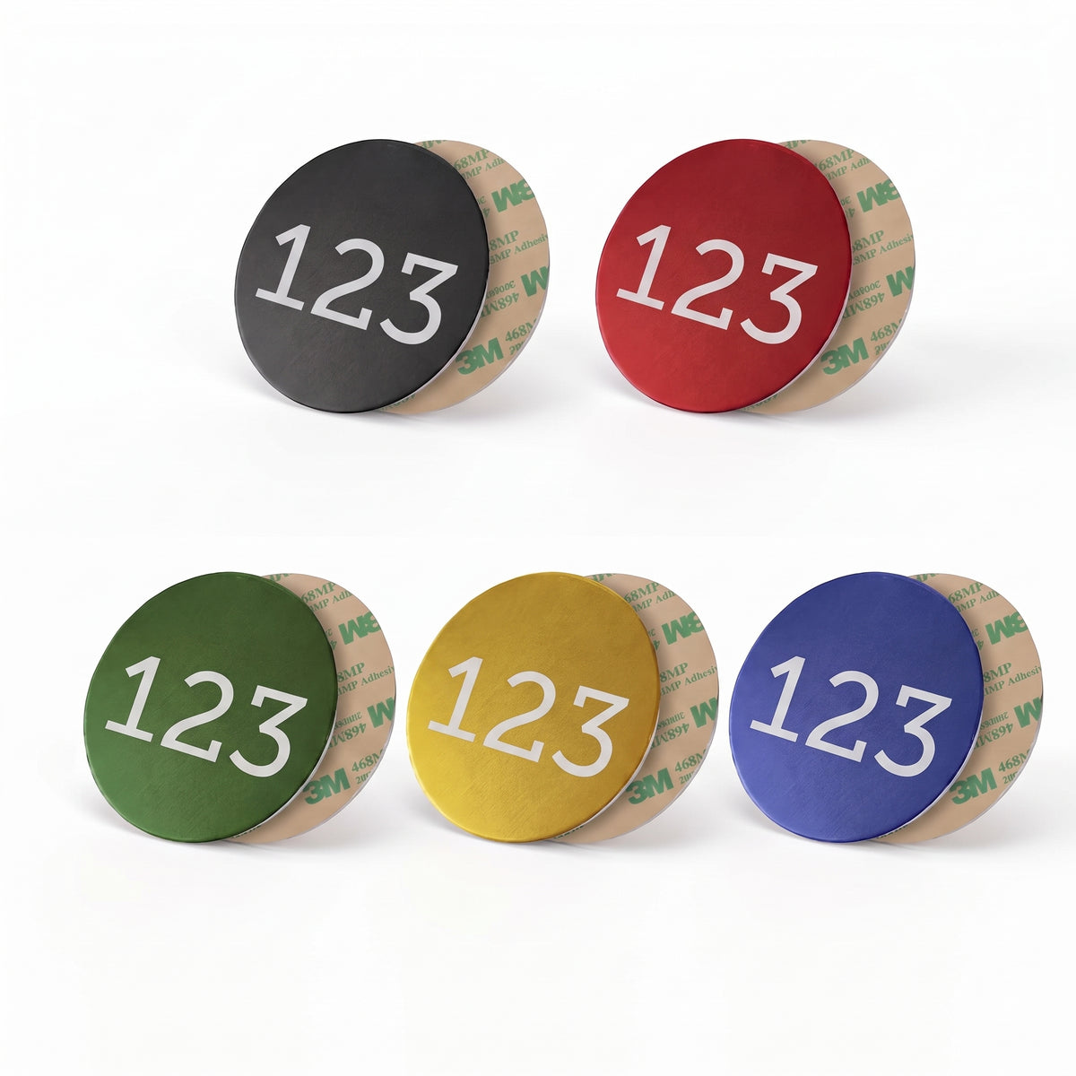 Aluminium Number Tags with adhesive tape Backing in 5 Colours