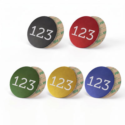 Aluminium Number Tags with adhesive tape Backing in 5 Colours