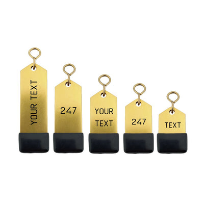 Gold Aluminium Hotel Key Tag 'Amerique' With Black Rubber Cap And Custom Engraving All Sizes