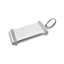 Silver Rectangle Hotel Key Tag With A Shine Finish, two transparent rubber rings and a silver splitring. Flatlay Side View
