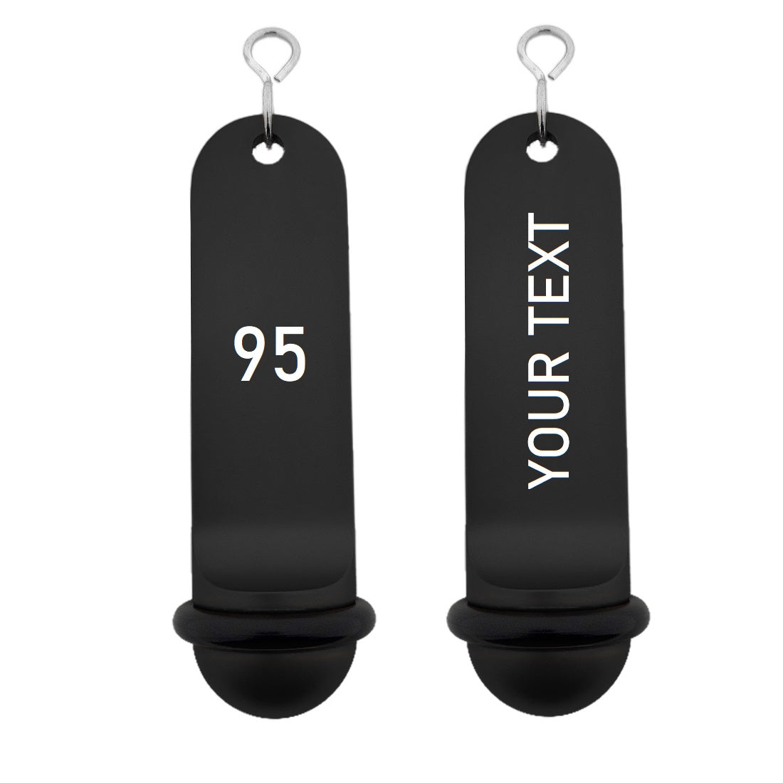 Personalised Big Classic Hotel Key Tags Black Anodised with White Laser Engraving, Black Rubber Ring and Silver S-hook Fastener