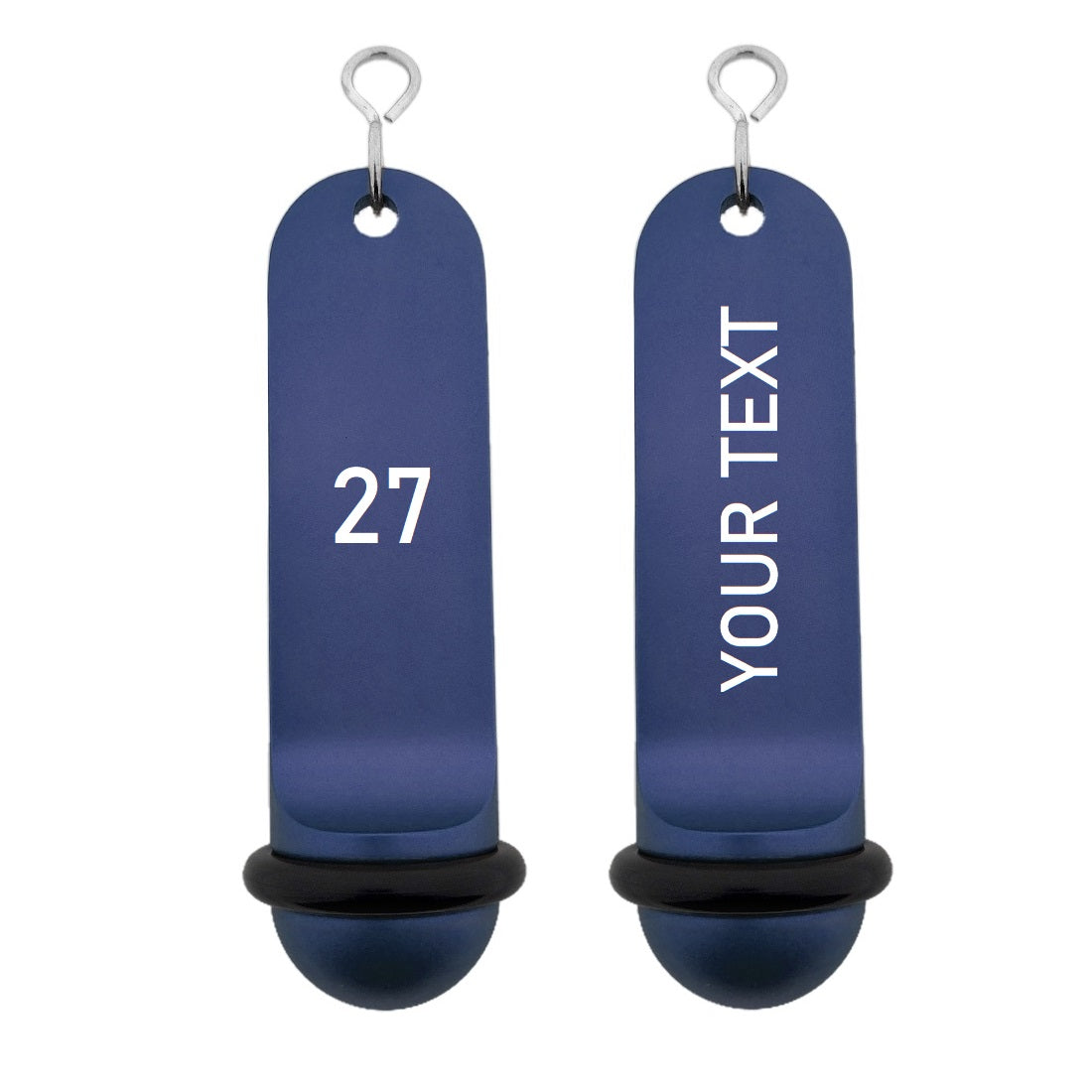 Personalised Big Classic Hotel Key Tags Blue Anodised with White Laser Engraving, Black Rubber Ring and Silver S-hook Fastener