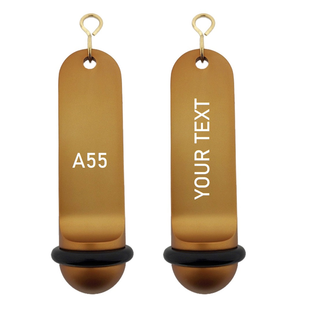Personalised Big Classic Hotel Key Tags Bronze Anodised with White Laser Engraving, Black Rubber Ring and Silver S-hook Fastener