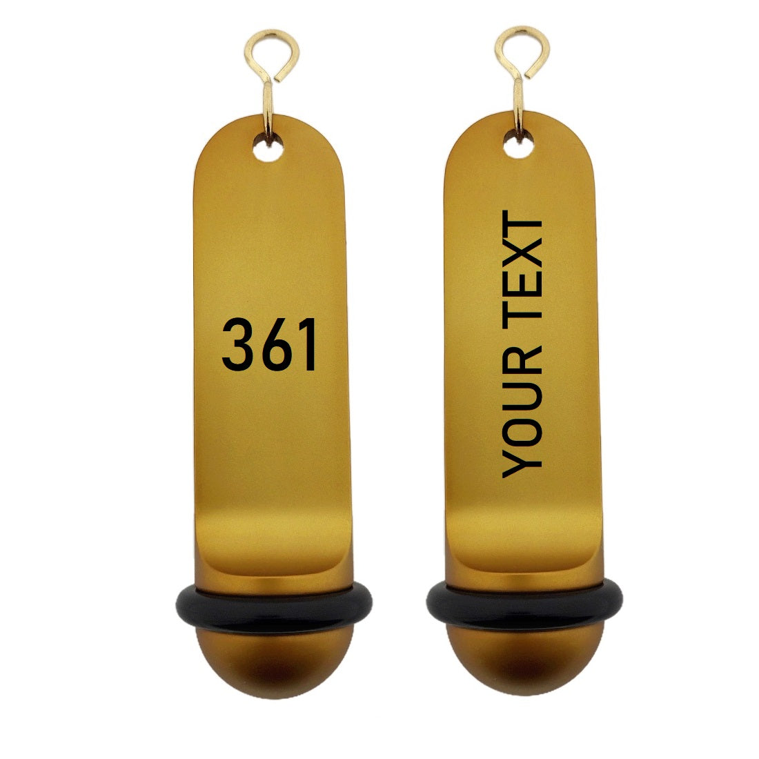 Personalised Big Classic Hotel Key Tags Gold Anodised with Black Laser Engraving, Black Rubber Ring and Silver S-hook Fastener