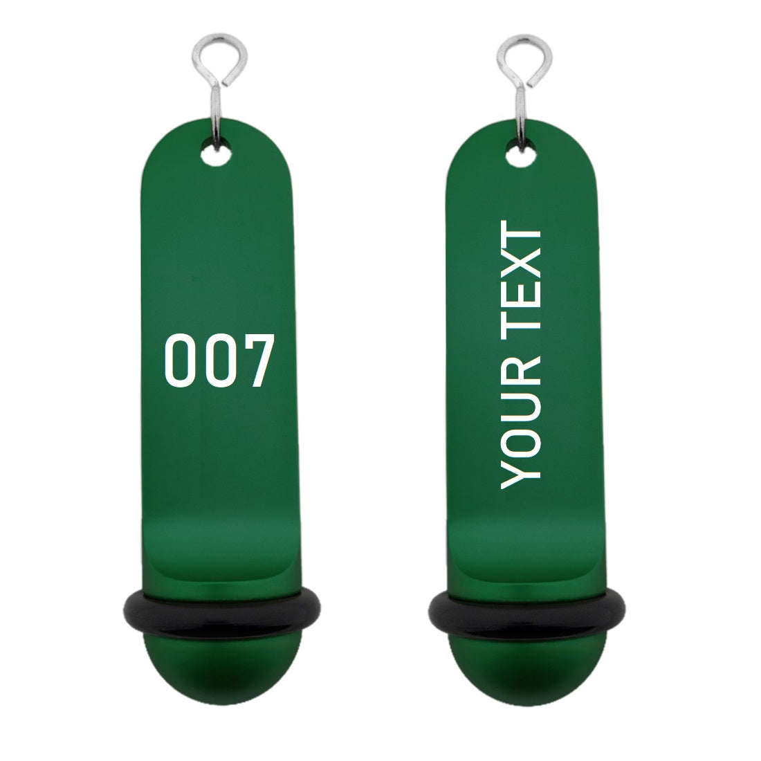 Personalised Big Classic Hotel Key Tags Green Anodised with White Laser Engraving, Black Rubber Ring and Silver S-hook Fastener