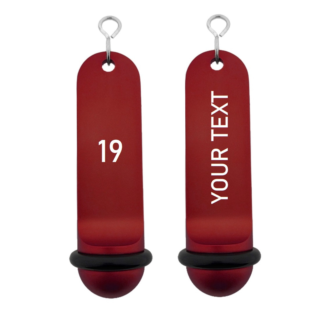 Personalised Big Classic Hotel Key Tags Red Anodised with White Laser Engraving, Black Rubber Ring and Silver S-hook Fastener