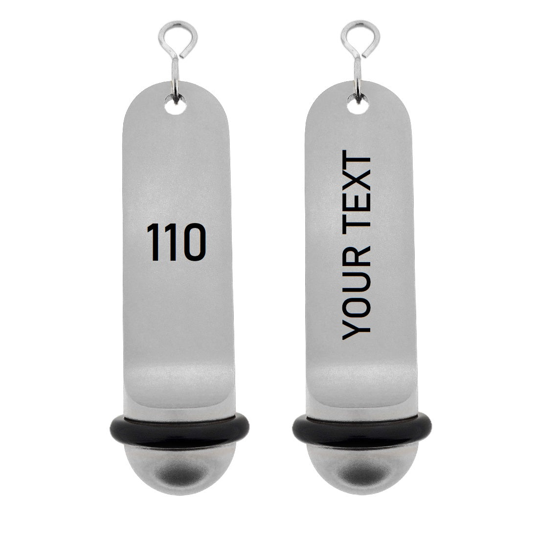 Personalised Big Classic Hotel Key Tags Silver Anodised with Black Laser Engraving, Black Rubber Ring and Silver S-hook Fastener