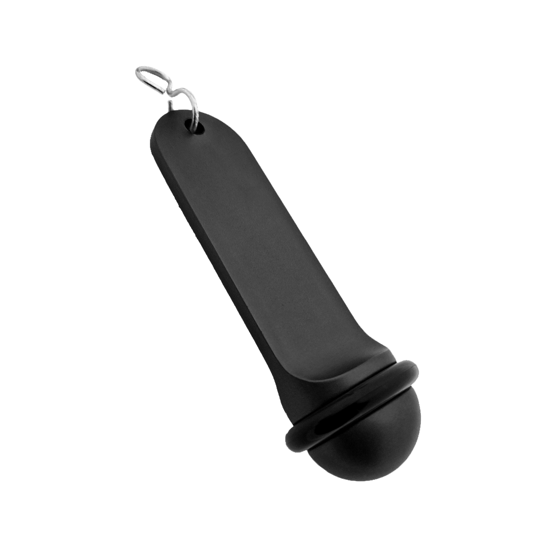 Side view of the large black aluminium hotel key tag (105x30mm) with a silver S-hook fastener and black rubber protection ring.