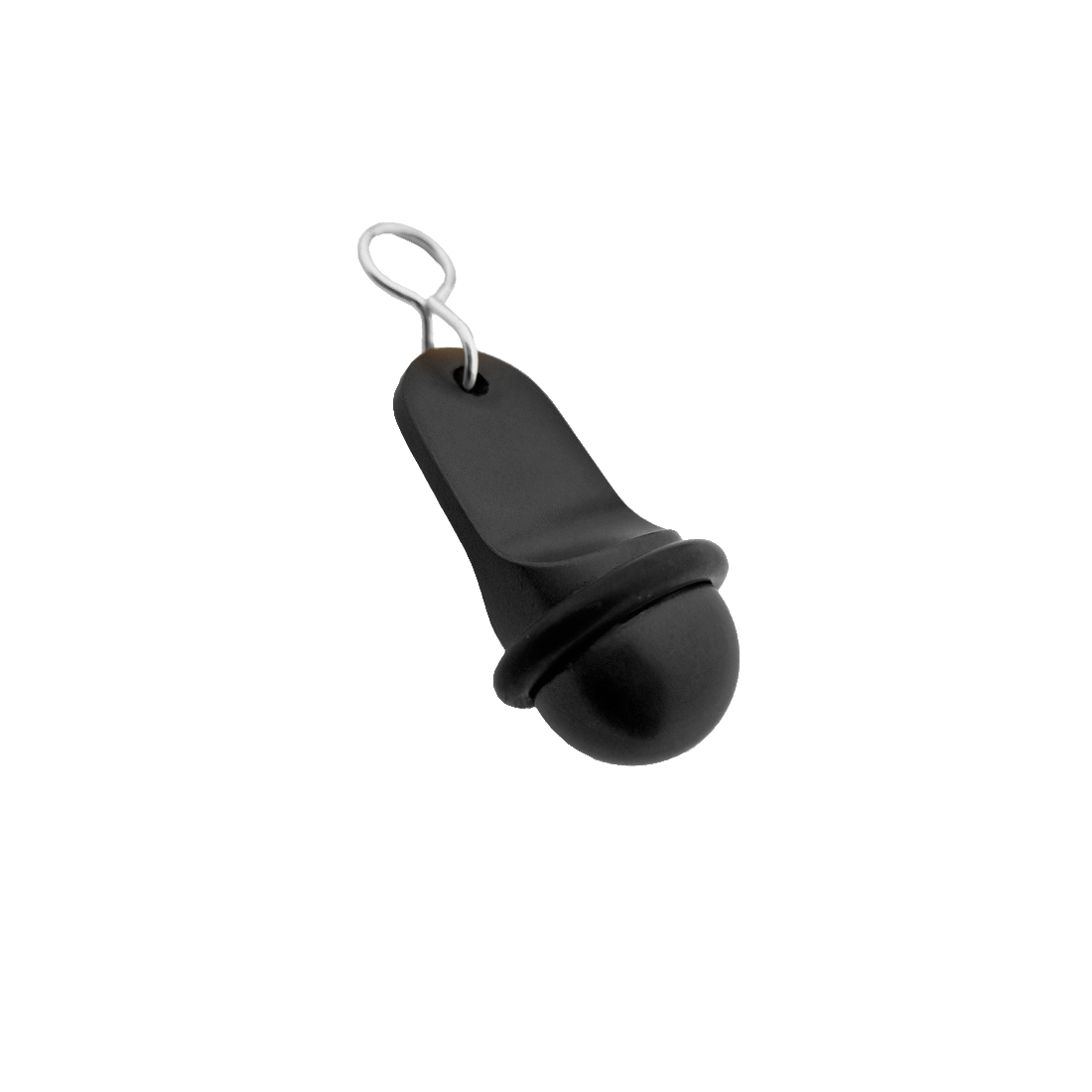 Side view of the small black aluminium hotel key tag (60x25mm) with a silver S-hook fastener and black rubber protection ring.