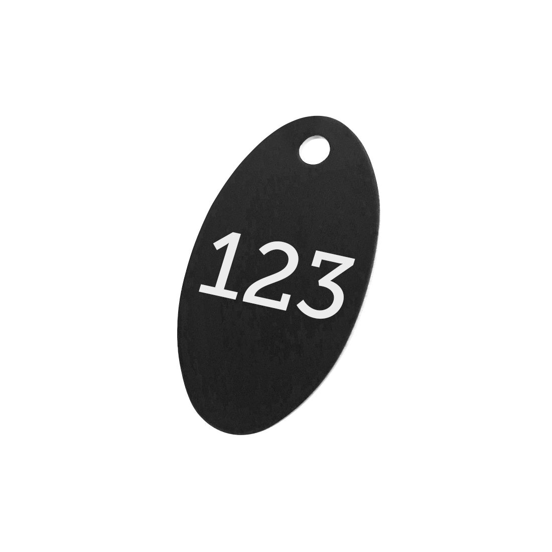 Black Oval Aluminium Number Tags 40x24mm With Custom Engraving and One Mounting/Hanging Hole.