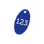 Dark Blue Oval Aluminium Number Tags 40x24mm With Custom Engraving and One Mounting/Hanging Hole.