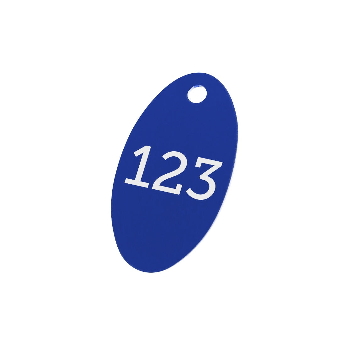 Dark Blue Oval Aluminium Number Tags 40x24mm With Custom Engraving and One Mounting/Hanging Hole.