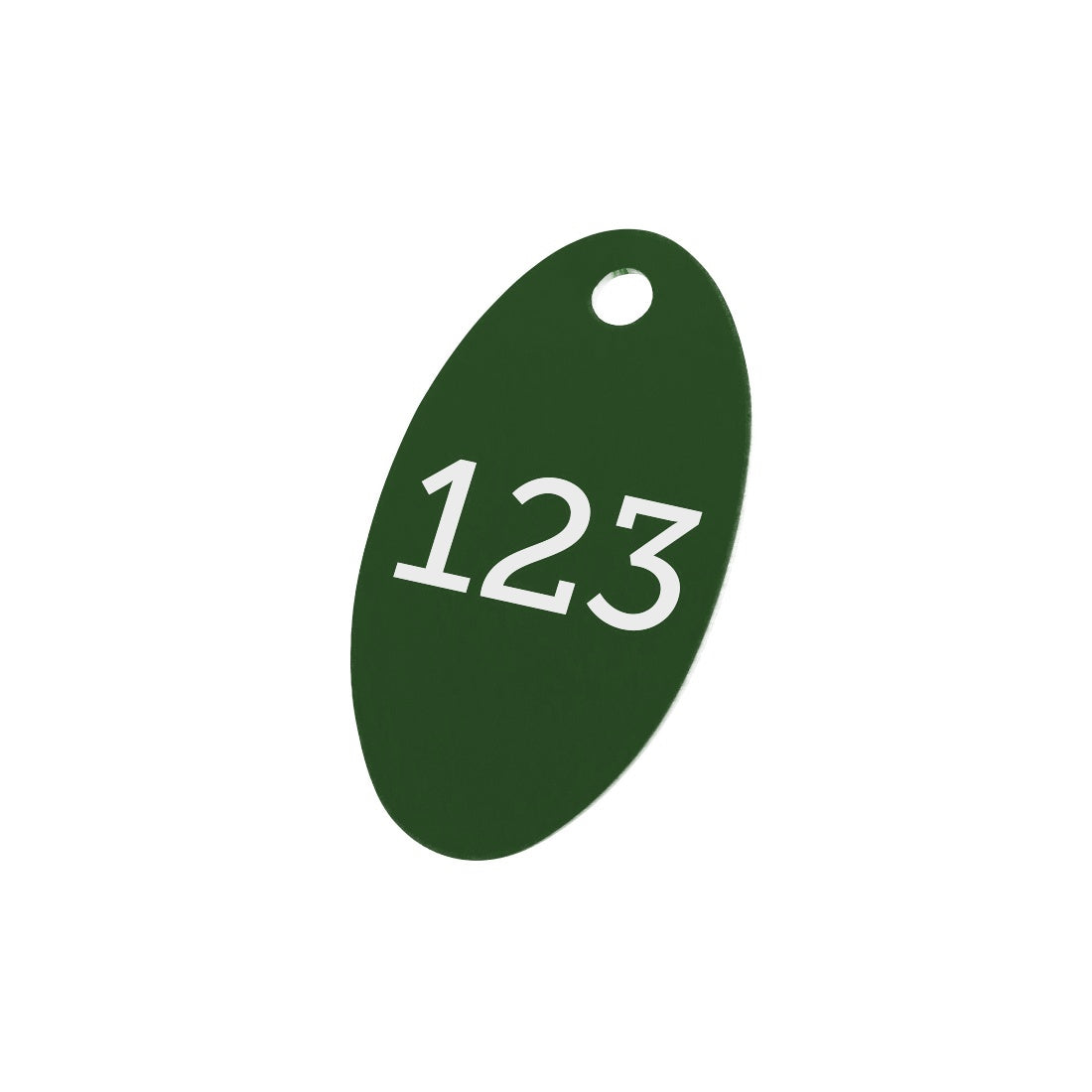 Dark Green Oval Aluminium Number Tags 40x24mm With Custom Engraving and One Mounting/Hanging Hole.