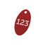 Red Oval Aluminium Number Tags 40x24mm With Custom Engraving and One Mounting/Hanging Hole.