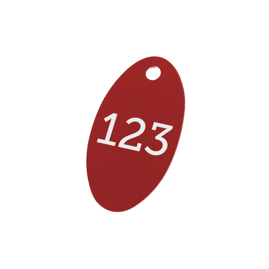 Red Oval Aluminium Number Tags 40x24mm With Custom Engraving and One Mounting/Hanging Hole.