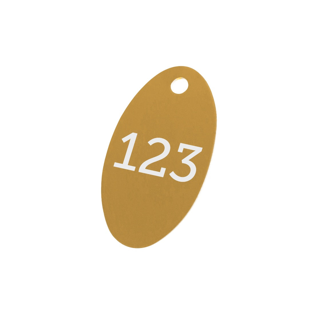 Gold Oval Aluminium Number Tags 40x24mm With Custom Engraving and One Mounting/Hanging Hole.
