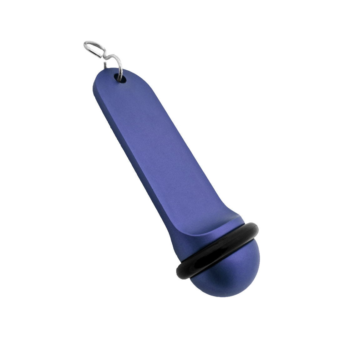 Side view of the large blue aluminium hotel key tag (105x30mm) with a silver S-hook fastener and black rubber protection ring.