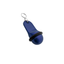 Side view of the small blue aluminium hotel key tag (60x25mm) with a silver S-hook fastener and black rubber protection ring.