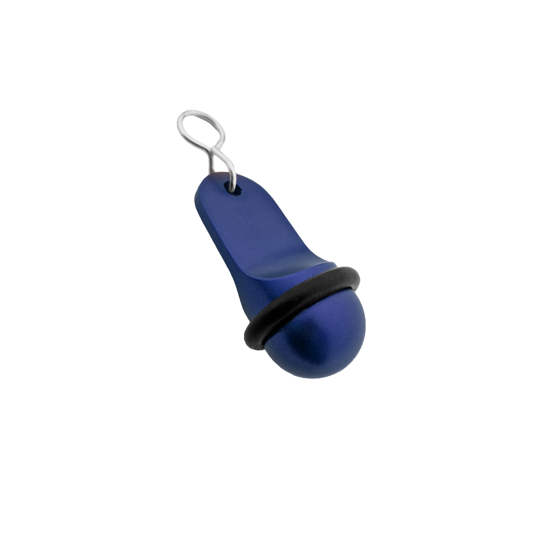 Side view of the small blue aluminium hotel key tag (60x25mm) with a silver S-hook fastener and black rubber protection ring.