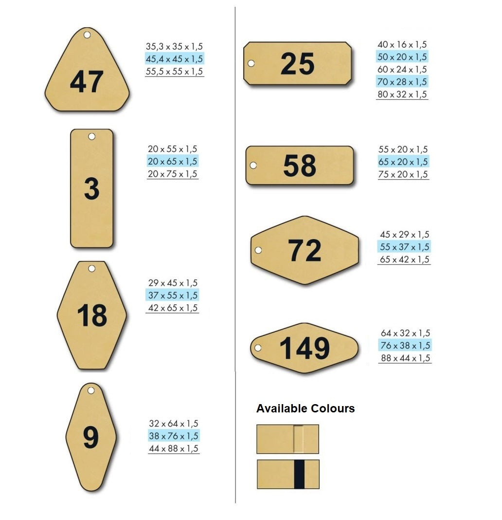 Various Rhombus, Rectangle and Triangle Shaped Brass Key Tags With CNC Number Engraving