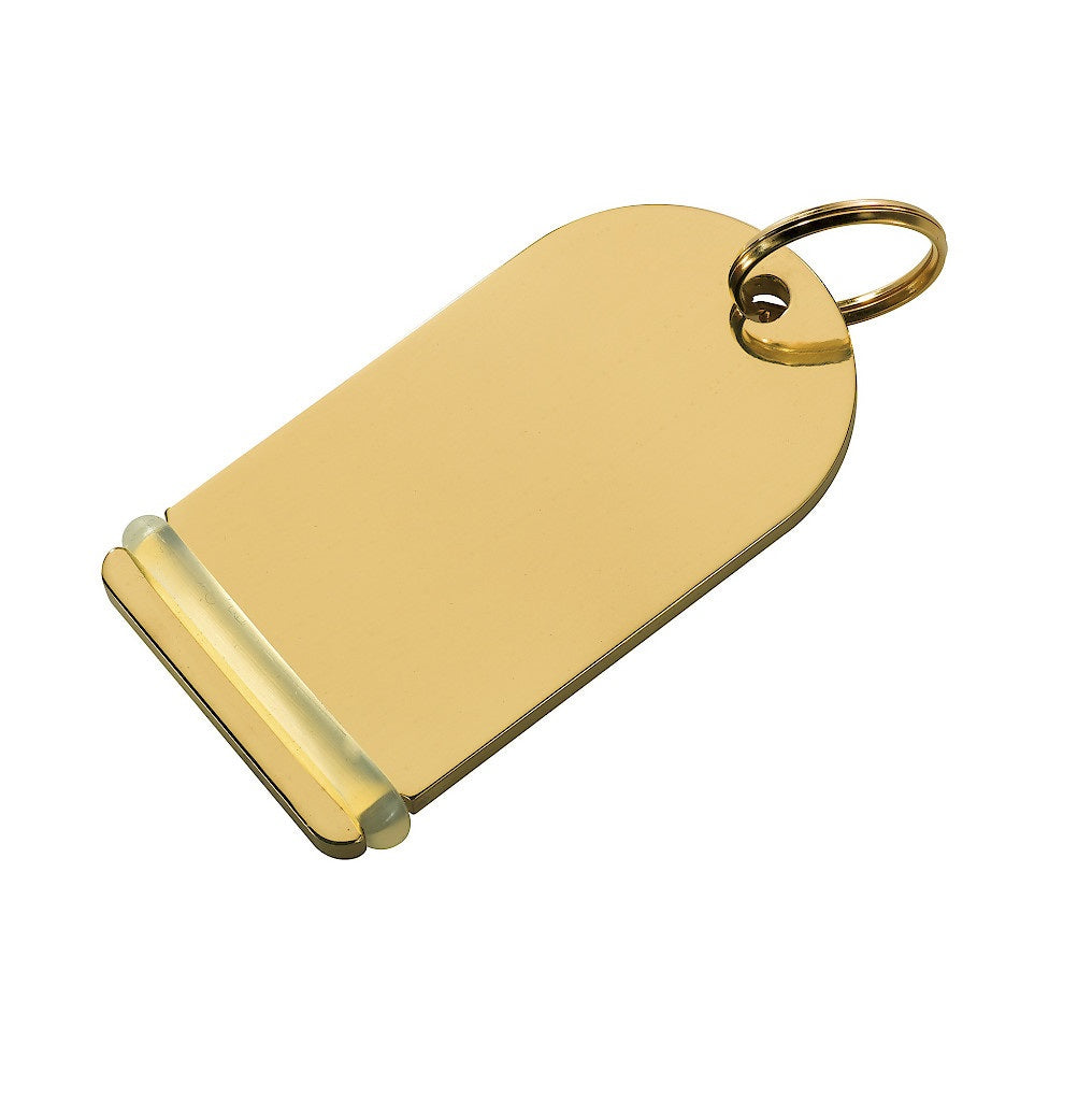 Rounded Top Rectangle Gold Brass Hotel Key Tags With Custom Engraving and Rubber Ring