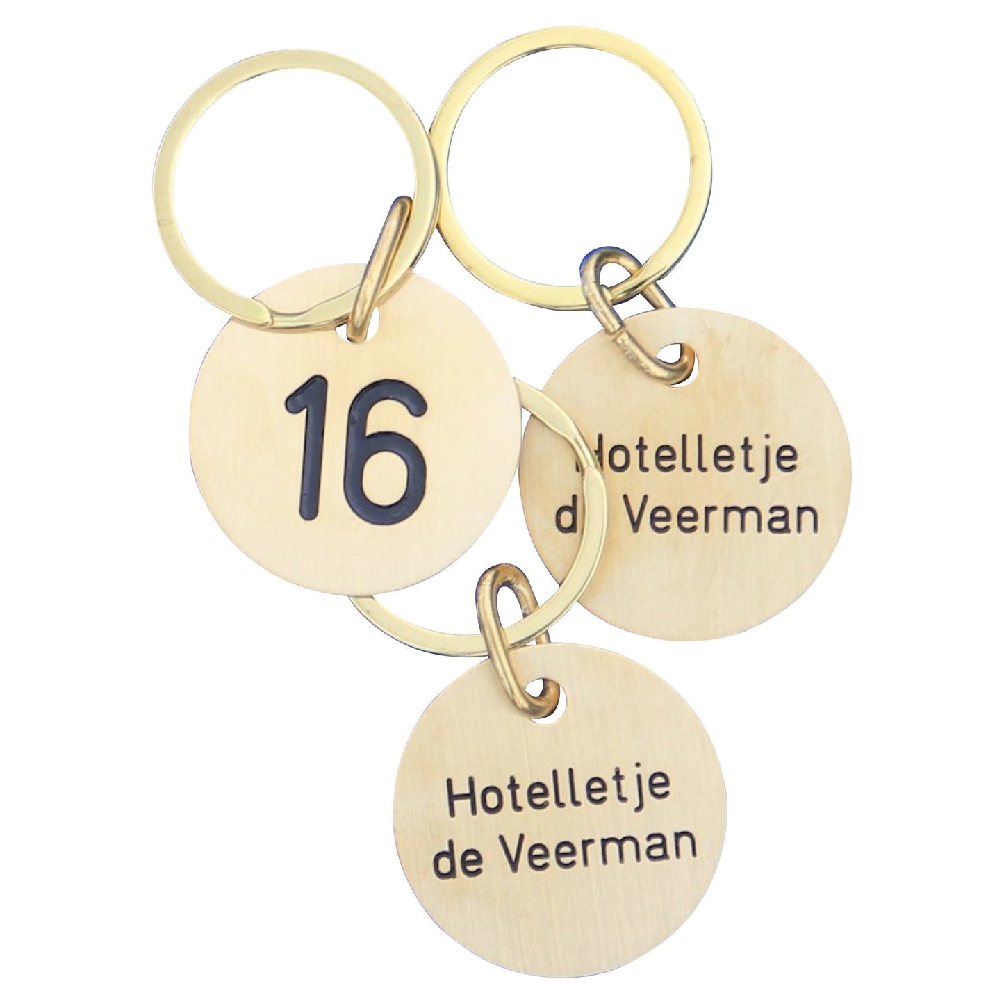 Round Brushed Gold Brass Hotel Key Tags With Custom Engraving and Flat Key Ring