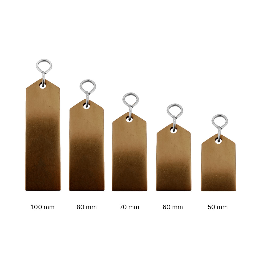 Set of five aluminium metallic tags with size indicators on a white background