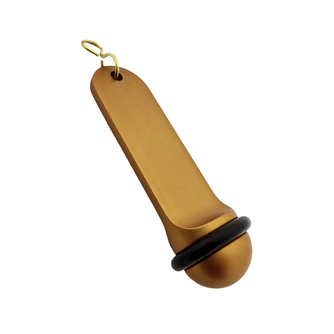 Side view of the large bronze aluminium hotel key tag (105x30mm) with a Gold S-hook fastener and black rubber protection ring.