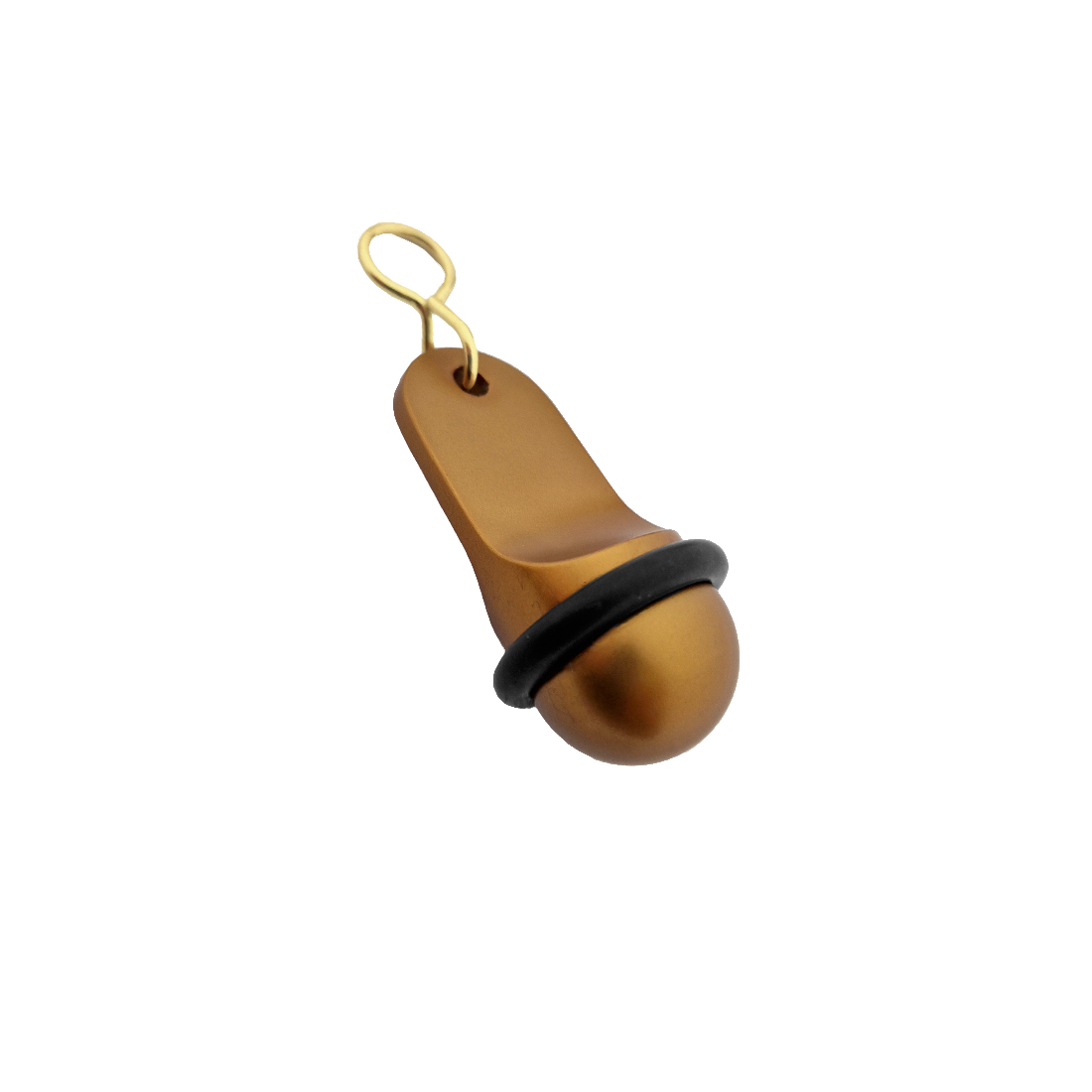 Side view of the small bronze aluminium hotel key tag (60x25mm) with a gold S-hook fastener and black rubber protection ring.