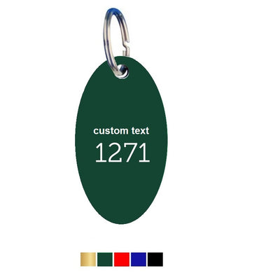 Oval Matt Coloured Aluminium Key Tags With Text and Number Engraving Vertical