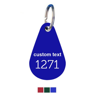 Teardrop Coloured Aluminium Key Tags With Text and Number Engraving