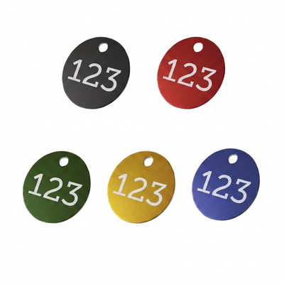 Colour Anodised Aluminium Number Tags 30mm or 40mm Diameter In 5 Colour options, Black, Red, Dark Green, Gold, Blue.