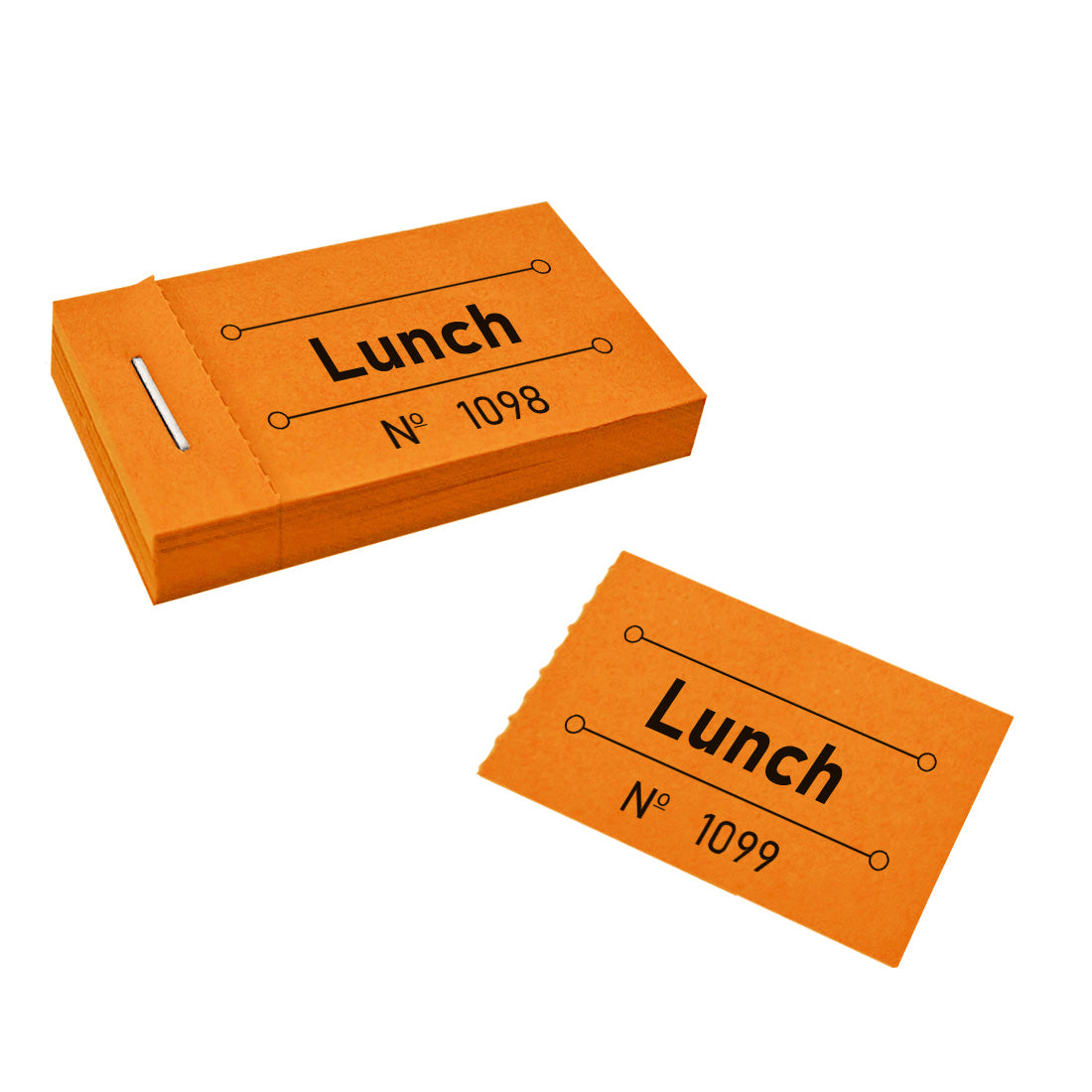 Perforated Paper Tickets in A 50 Pack Booklet Printed With Lunch In Black The Tickets Are Orange.