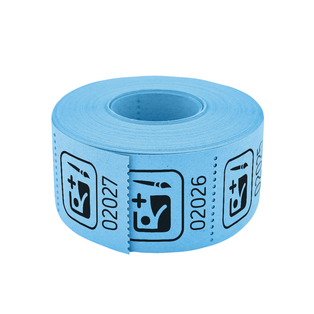 Roll of custom printed tickets, 30x30mm size, blue paper with black ink, flat view.