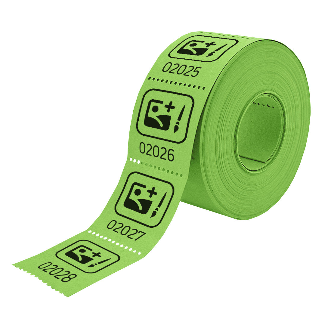 Roll of custom printed tickets, 30x30mm size, green paper with black ink, side view.