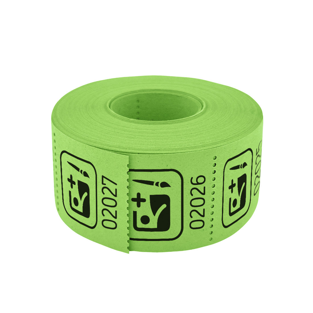 Roll of custom printed tickets, 30x30mm size, green paper with black ink, flat view.
