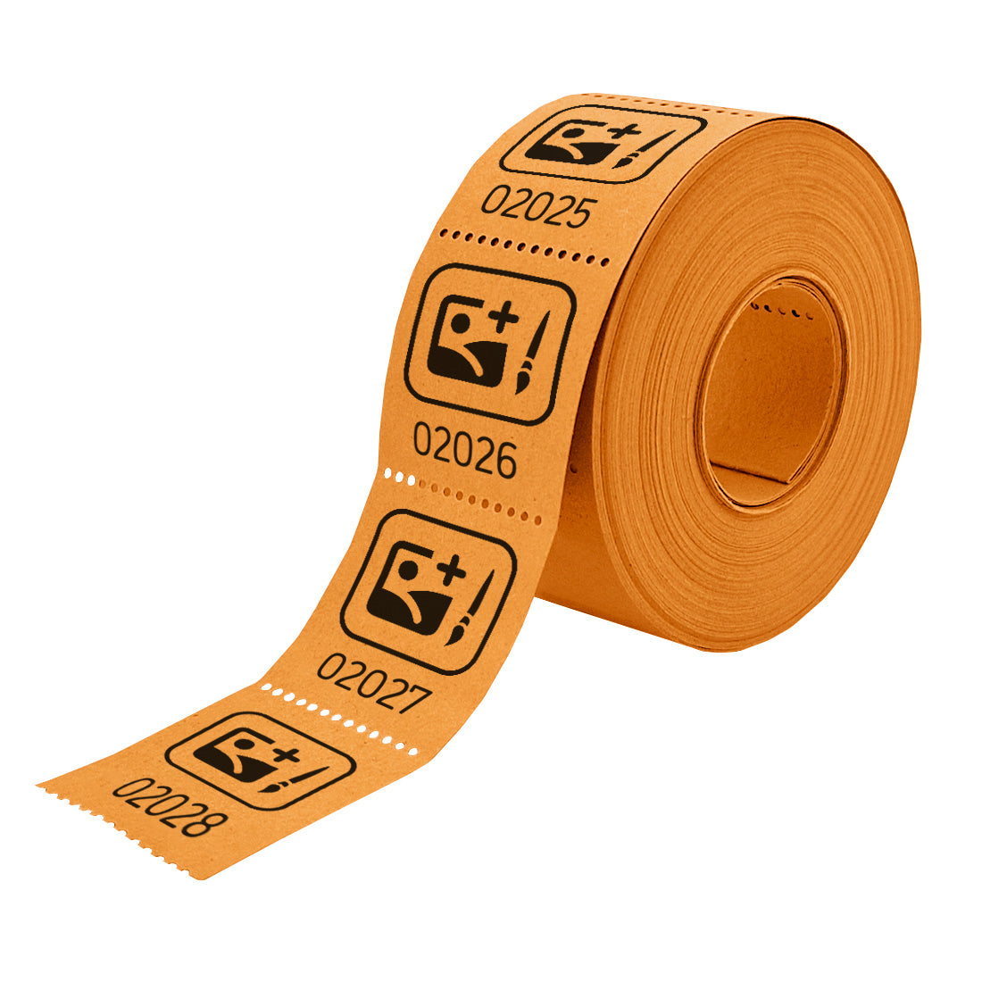 Roll of custom printed tickets, 30x30mm size, orange paper with black ink, side view.