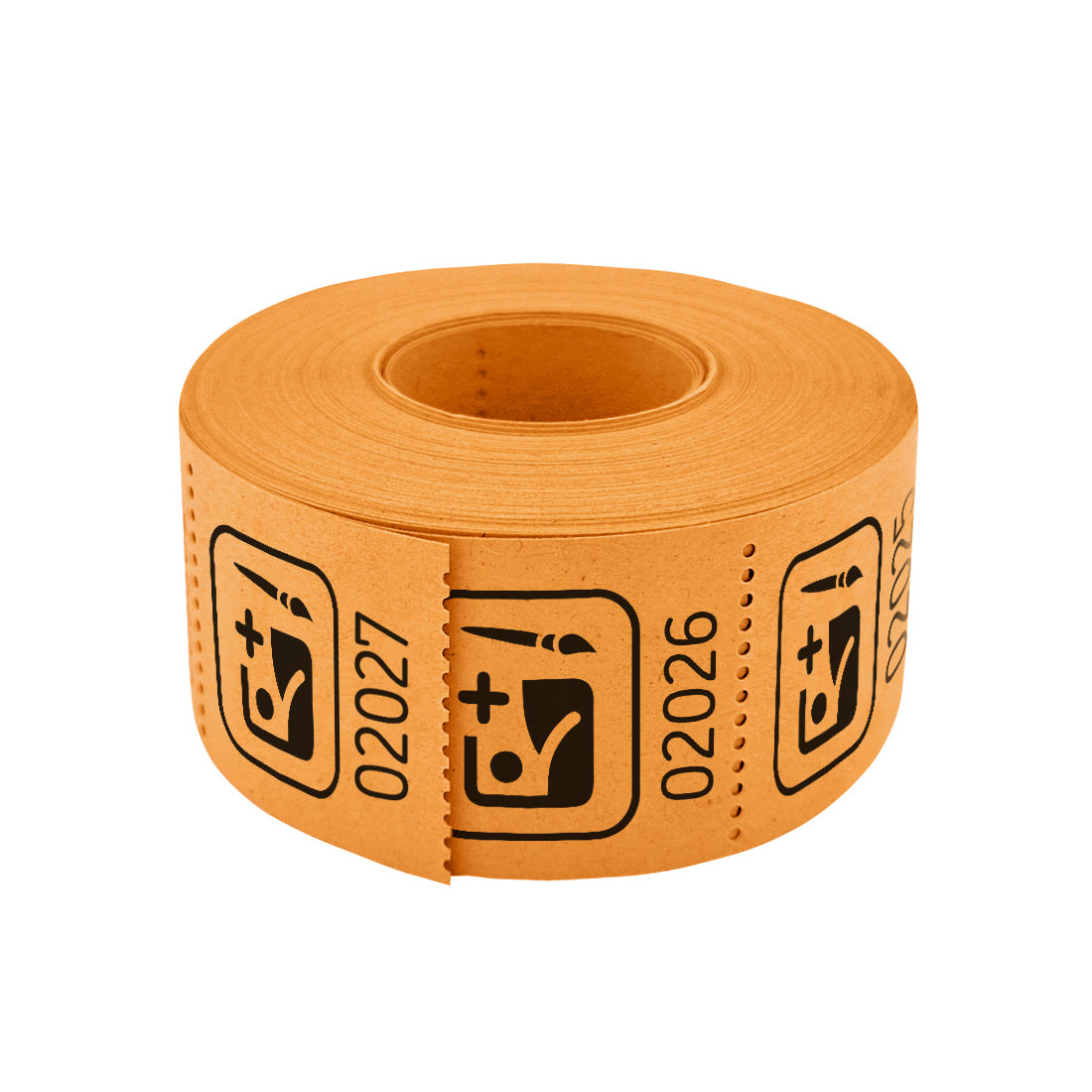 Roll of custom printed tickets, 30x30mm size, orange paper with black ink, flat view.