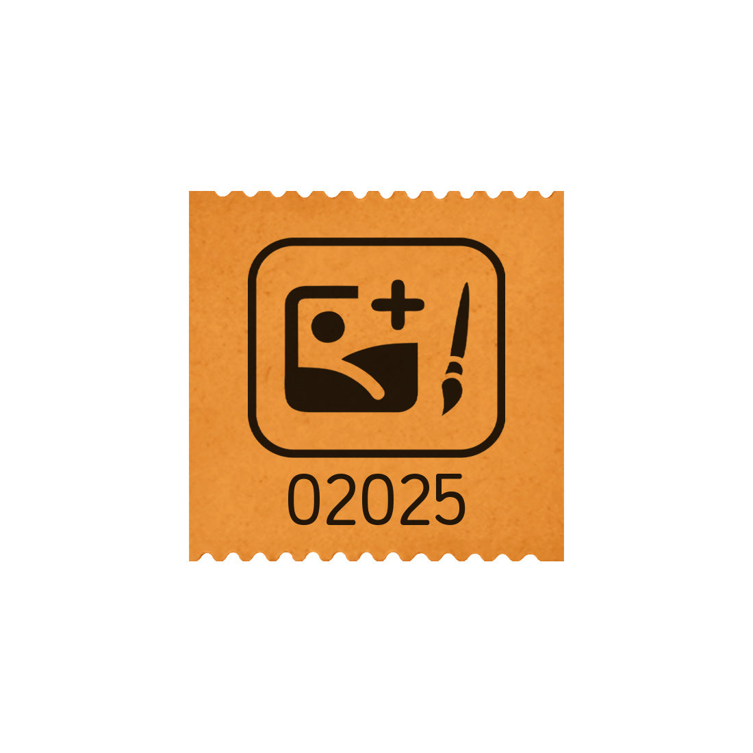 Custom printed roll tickets on orange paper with black ink, showing one 30x30mm ticket with a custom design and number.