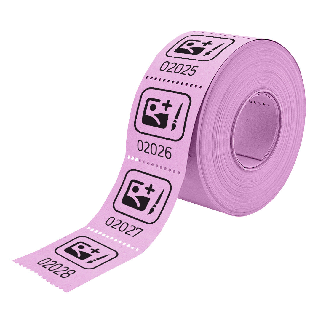 Roll of custom printed tickets, 30x30mm size, lilac paper with black ink, side view.